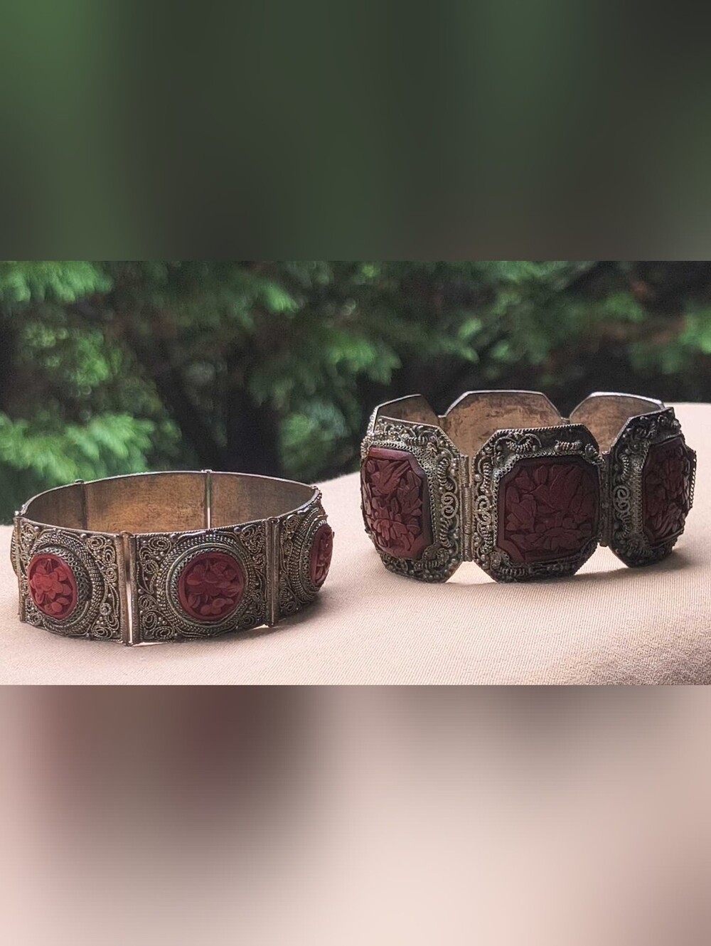 Antique Chinese Cinnabar Bracelet Set